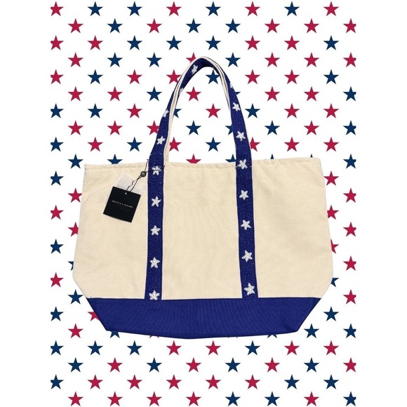 America & Beyond Handbags - America & Beyond Beaded Canvas Tote Star Handles Fourth of July Beach Blue NWT